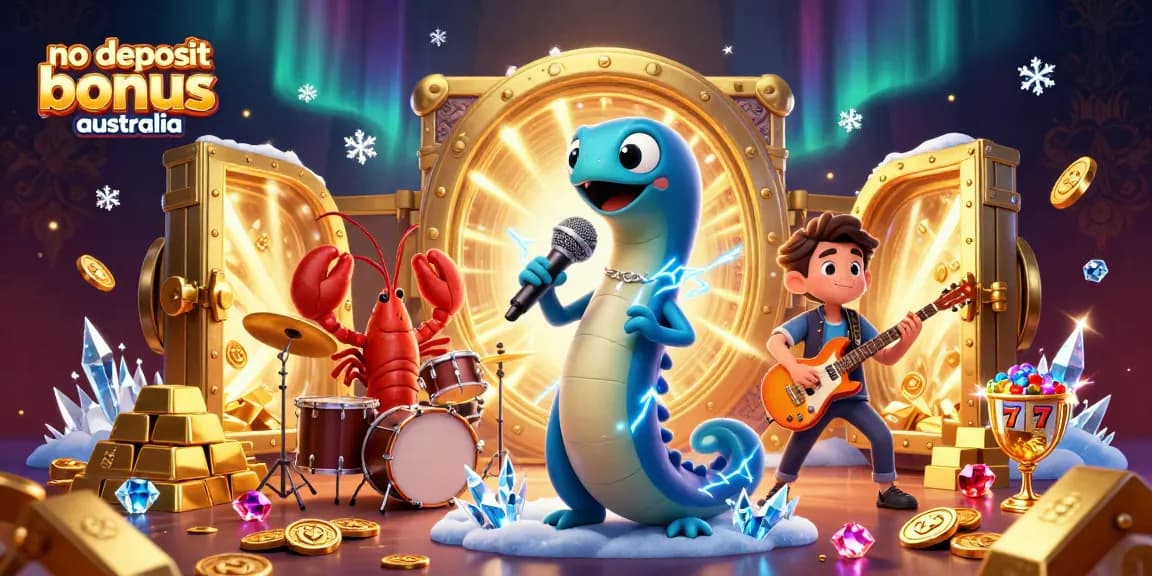 A vibrant underwater casino stage featuring the electric eel DJ, lobster drummer, and seahorse guitarist in a no deposit bonus australia theme.