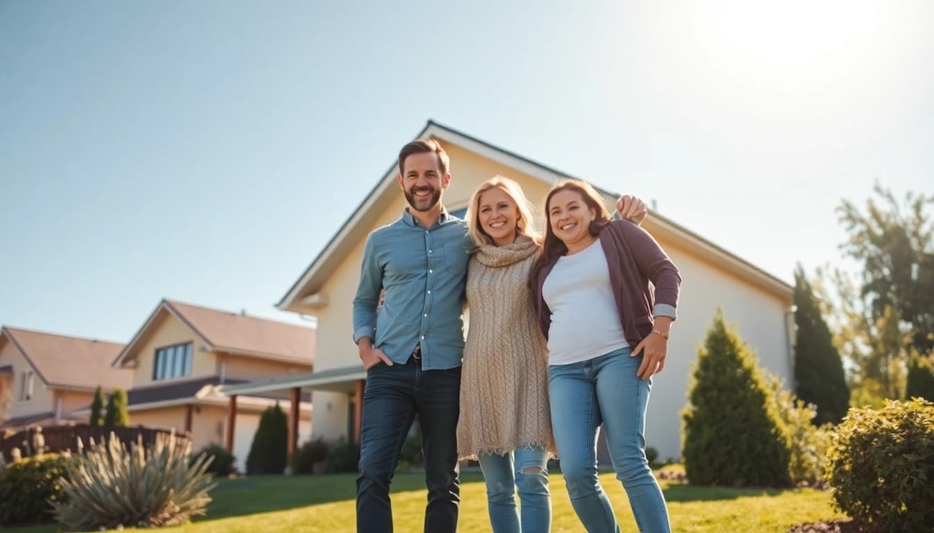 Familie steht glücklich vor ihrem neuen Zuhause, symbolisiert den Traum vom Hauskauf.