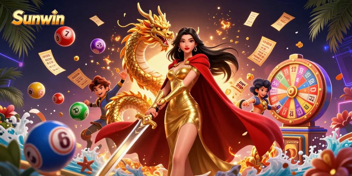 Experience thrilling gameplay with Sunwin's vibrant lottery balls and a majestic warrior queen illustration.