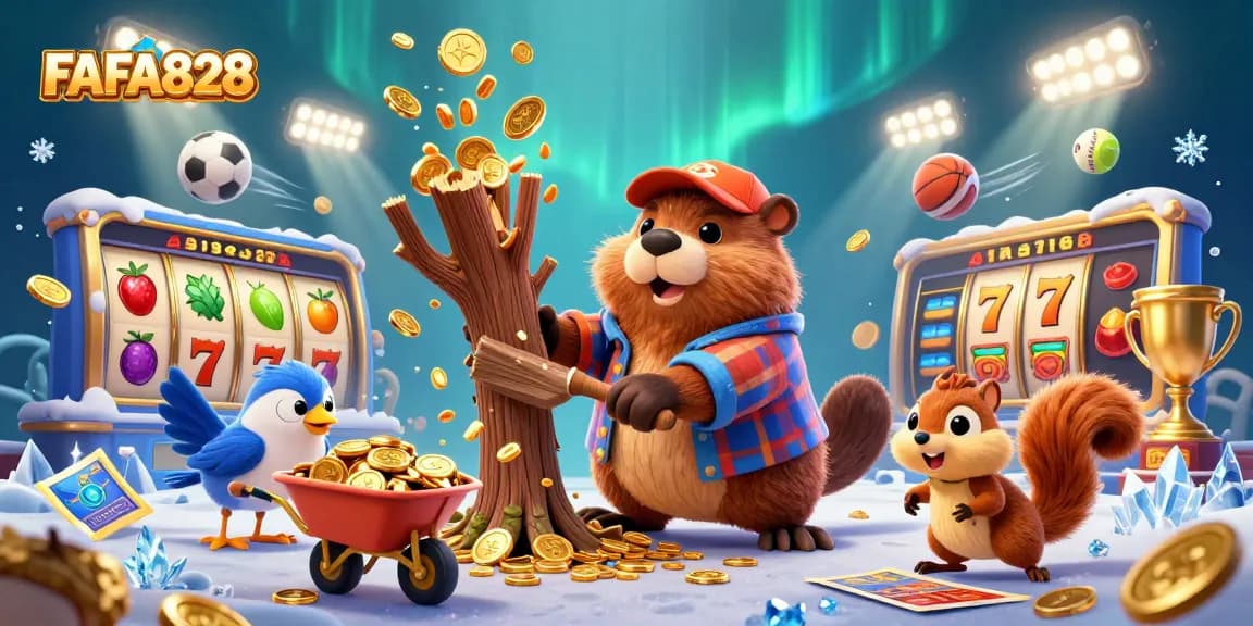 FAFA828 offers an exciting casino experience with a vibrant 3D beaver and gold-themed slot game.