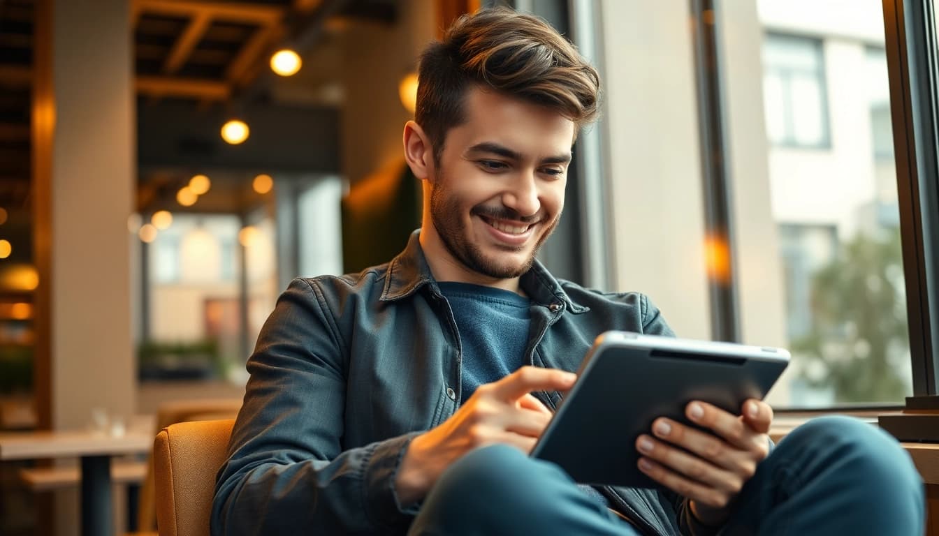 Entdecken Sie die besten Wett Apps mit einem jungen Erwachsenen, der begeistert an einem Tablet im Café sitzt.