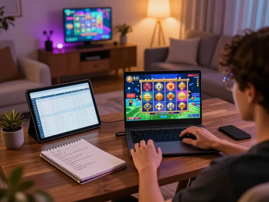 Engaging player enjoying game nổ hũ on laptop in a warm, inviting home setting