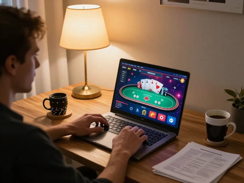 MB66 player engaging with online casino games on laptop at home, showing poker interface and strategy notes.