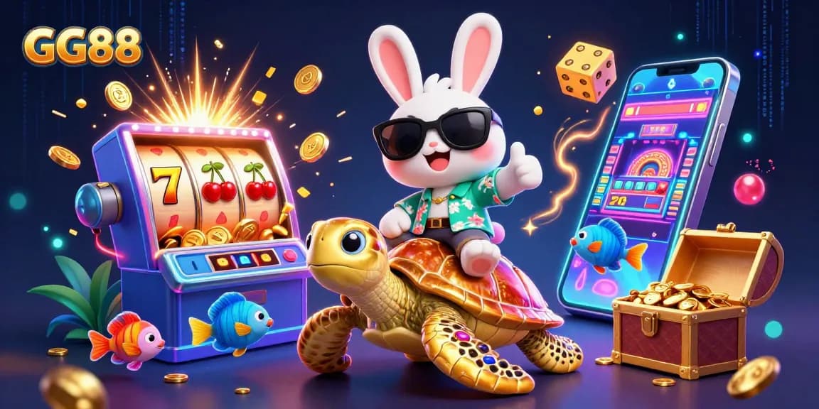 Experience the fun at GG88 with a thrilling 3D casino scene featuring lucky characters and exciting slot games.
