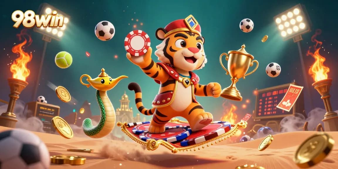 Bet on your favorite games with 98win in this vibrant, action-packed casino illustration.