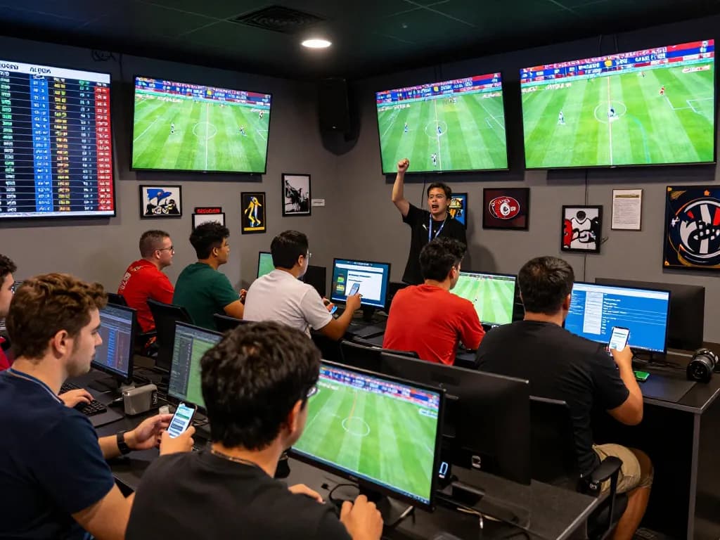 Engaged sports fans analyzing kèo nhà cái updates in a lively betting lounge.