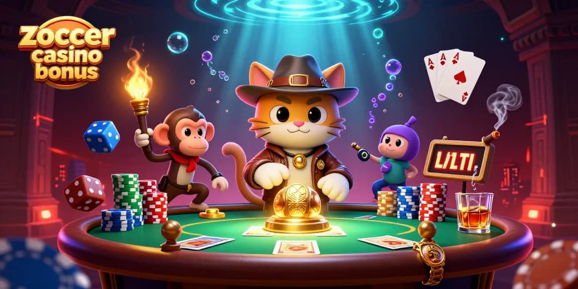 Uncover the zoccer casino bonus in this vibrant 3D scene of a cat and monkey duo at a gaming treasure.