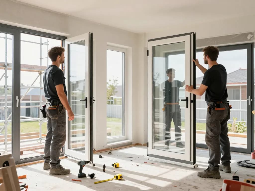 Fachgerechte Fensterinstallation, die das Handwerk des Fensterbaus Bonn auf einer sonnenbeschienenen Baustelle veranschaulicht.