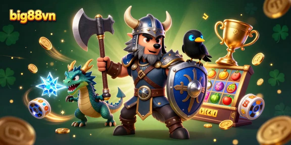 Experience the excitement of big88vn with a vibrant illustration featuring a Viking wolf warrior, dragon, and slots.