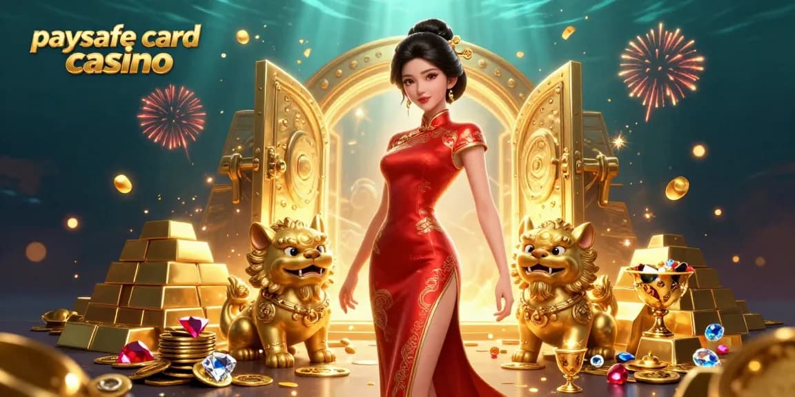 Erlebe die Aufregung im Paysafe Card Casino mit lebhaften goldenen Schätzen und festlicher Atmosphäre.
