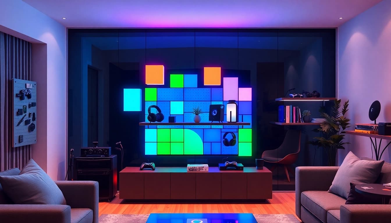 Nanoleaf Block Test showcasing colorful RGB light panels integrated into a modern living space setup.