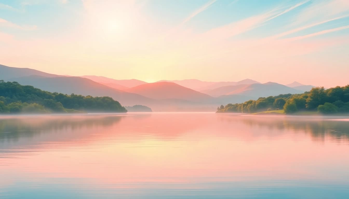 Explore emotional wellbeing in a serene landscape featuring a calm lake and lush greenery.