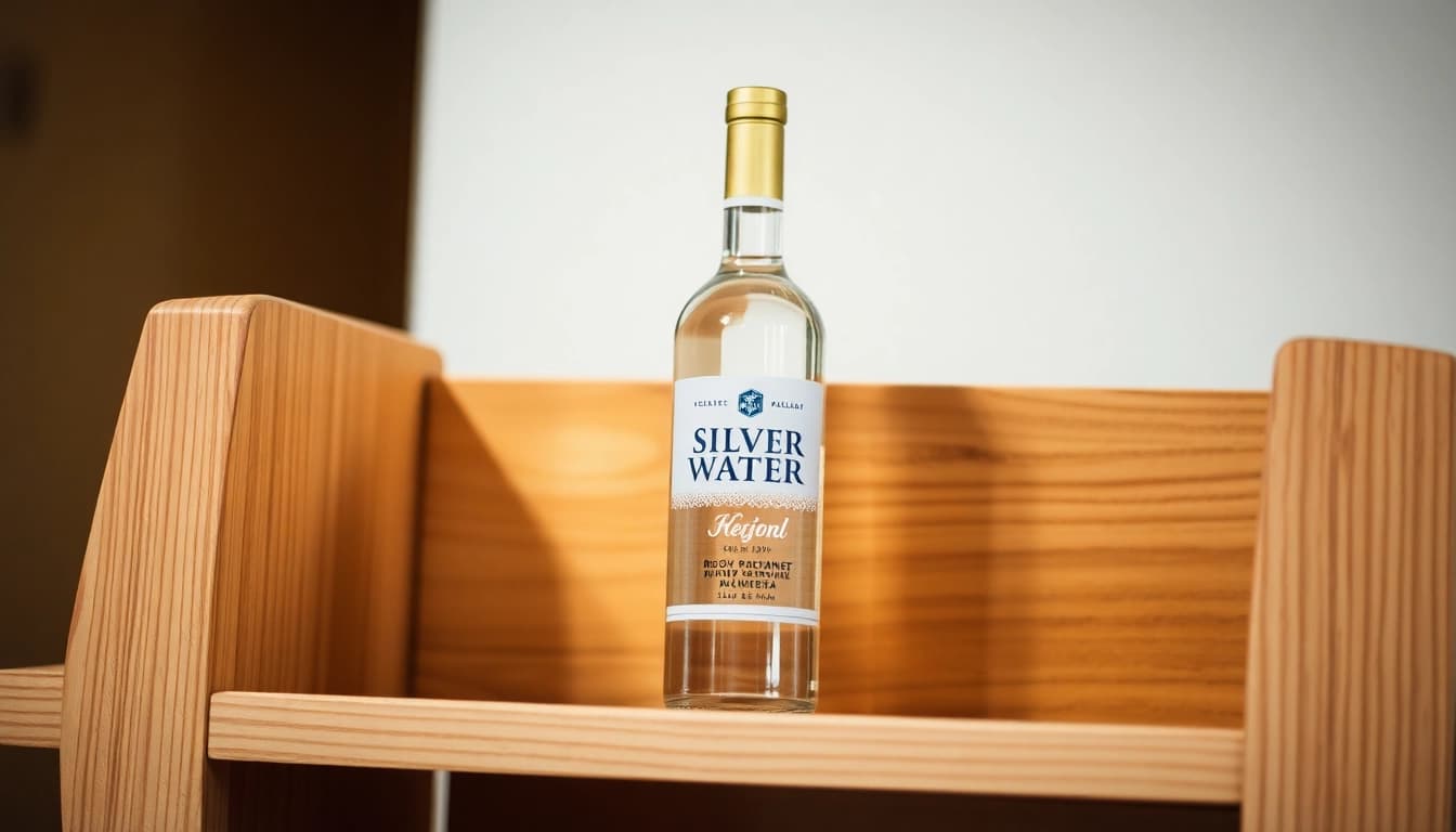Flasche mit Silberwasser auf Holzregal zeigt hochwertige natürliche Produkte.