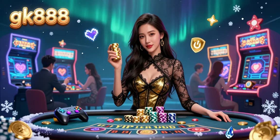 Experience high-stakes gambling with gk888 at an exclusive VIP baccarat table, vibrant casino atmosphere.