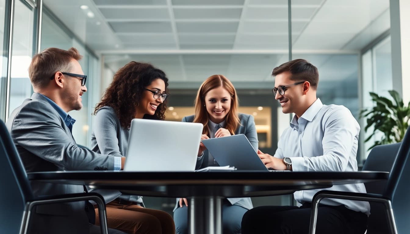 Diskussion über Headhunter Finance in einer dynamischen Büroumgebung mit modernen Requisiten.