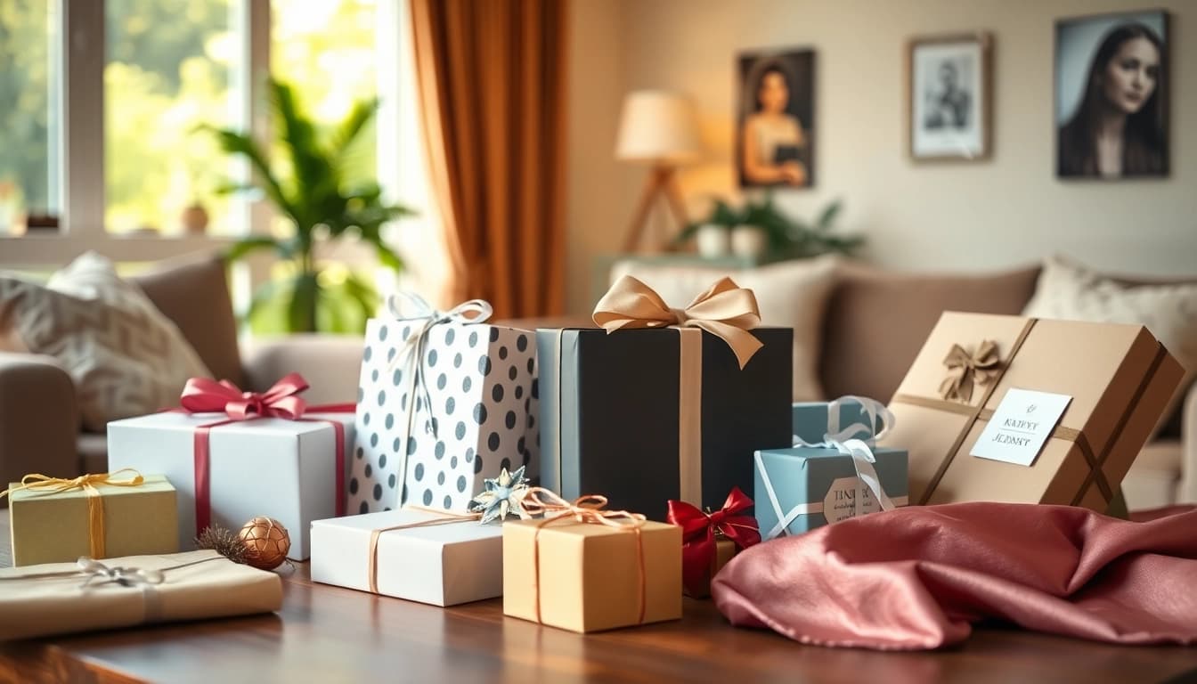Professionelle Geschenkideen auf einem liebevoll dekorierten Tisch präsentieren.
