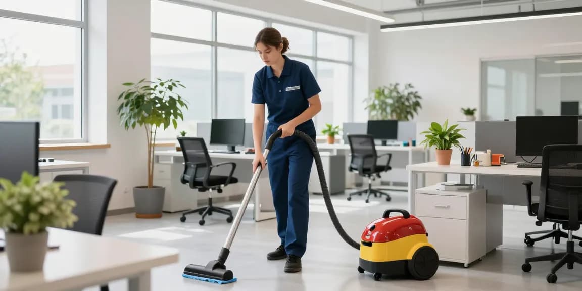 Professional cleaner at work in a vibrant office for reinigungsfirma solothurn, highlighting cleanliness and attention to detail.