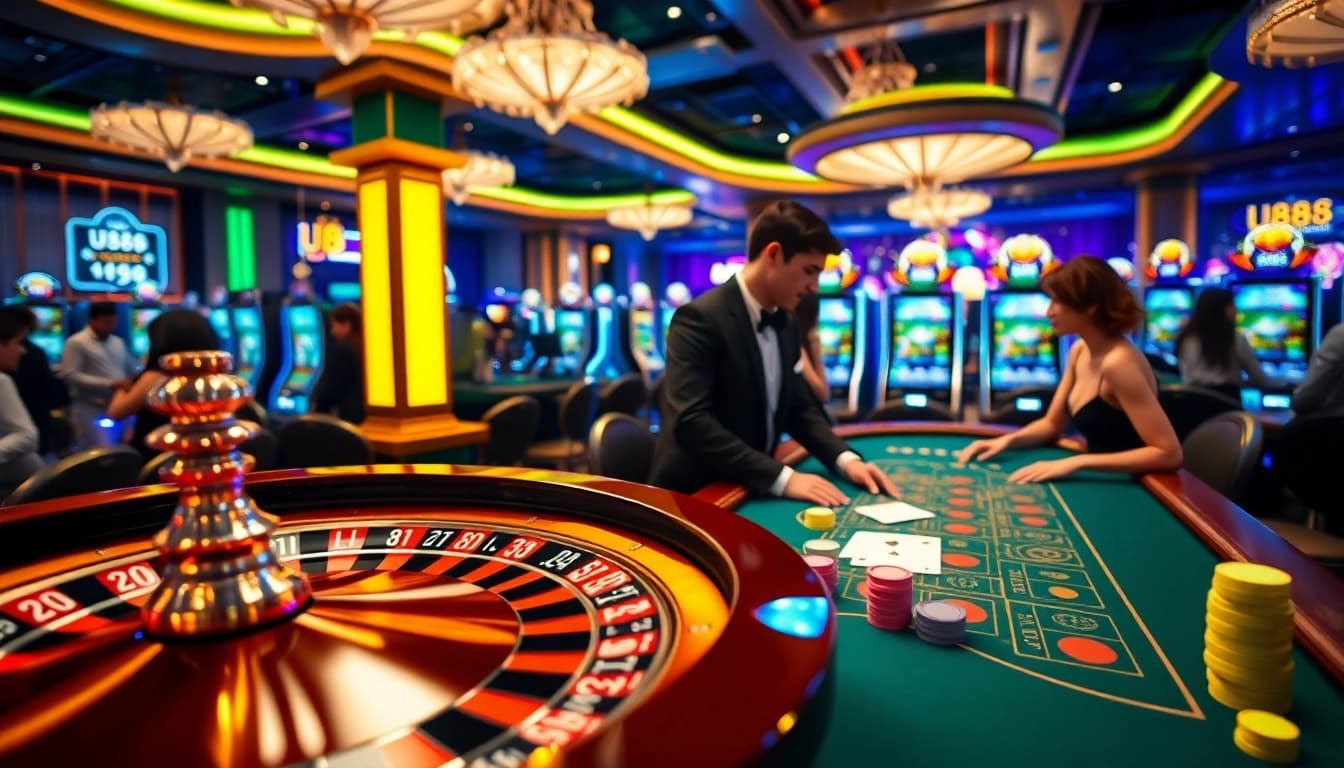 Experience excitement at U888's lavish casino scene filled with vibrant slot machines and thrilling poker games.