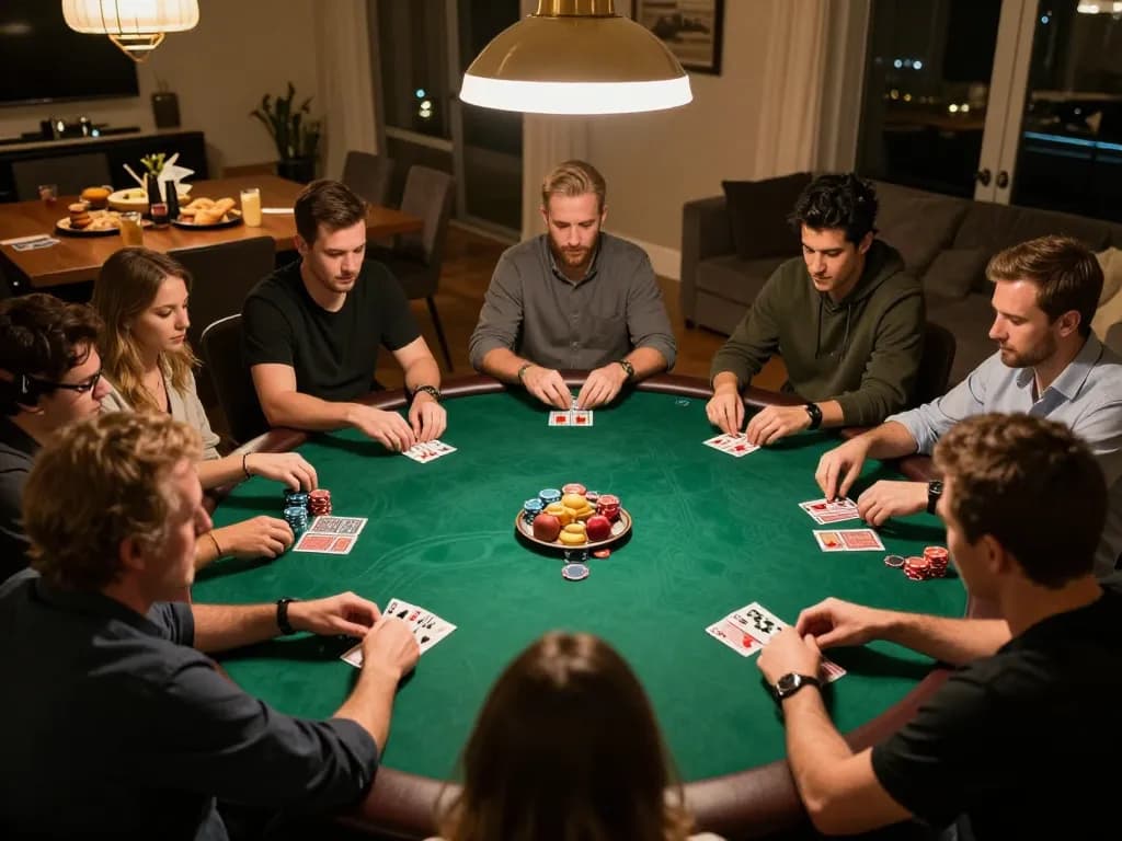 Players engaging in a lively poker night, showcasing keonhacai tv strategy discussions in a cozy setting.