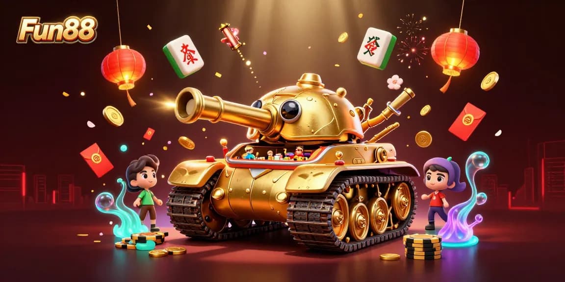 Experience the excitement of Fun88 with a vibrant 3D casino scene featuring a golden beetle tank.