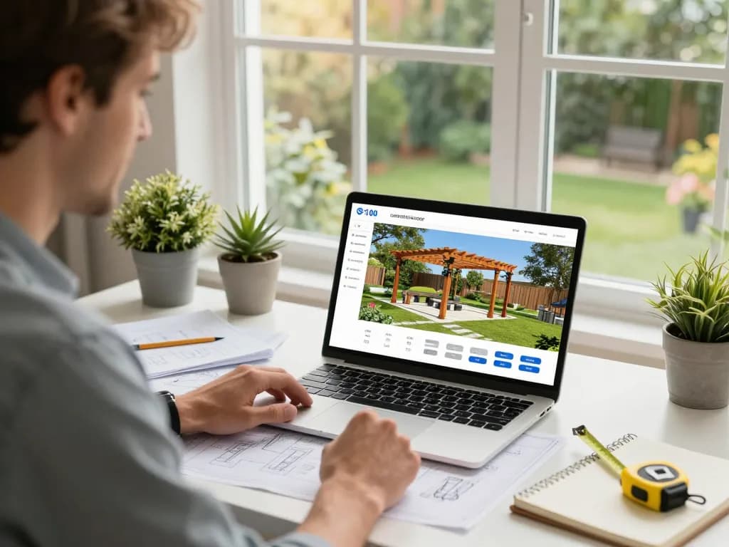 Software für Pergola-Installateure, präsentiert in einem lebhaften Home-Workspace mit 3D-Konfigurator auf einem Laptop, umgeben von Designwerkzeugen.
