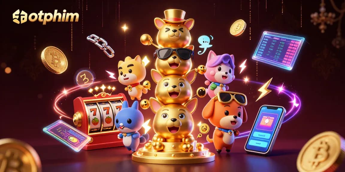 Win big with motphim's vibrant gaming scene featuring animated slot reels and crypto treasures.