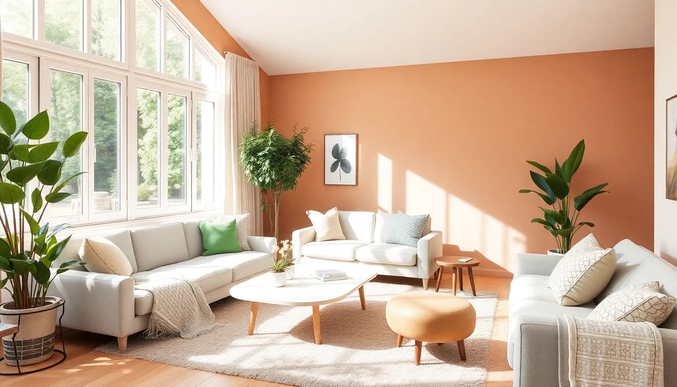 Natürliche Raumgestaltung mit warmen Farben und gemütlichen Möbeln im Wohnzimmer.