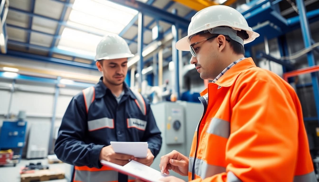 Technician performing DGUV V3 Prüfung with inspection tools, ensuring workplace safety.