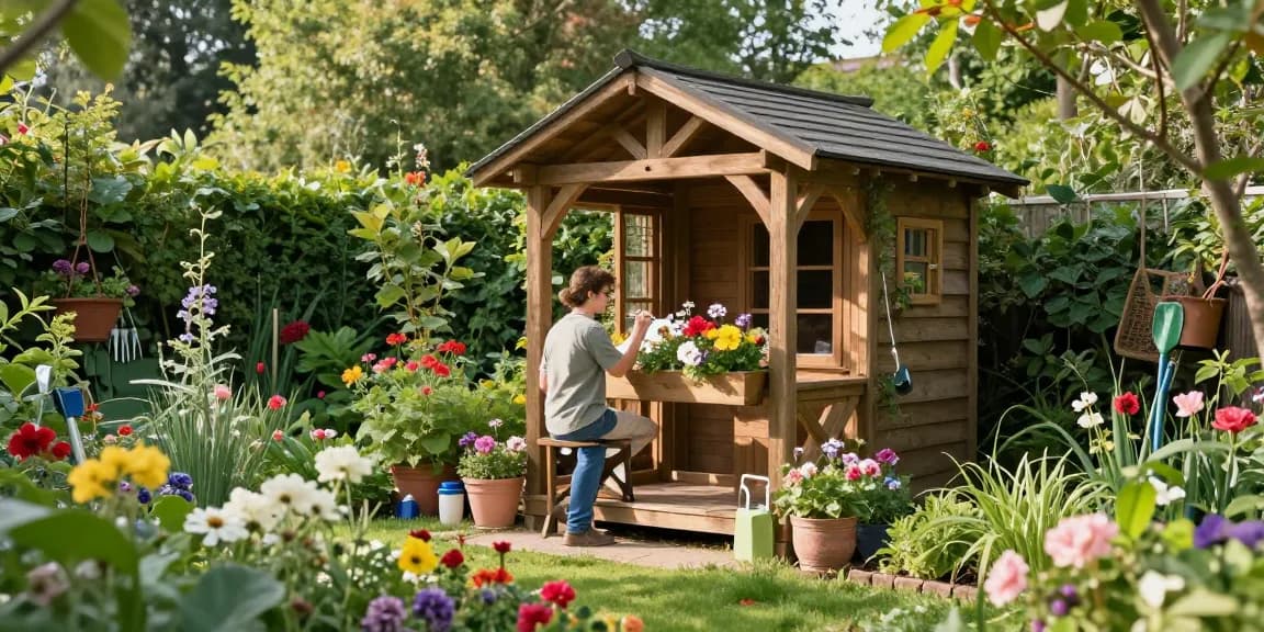 Gartenhaus aus Holz im Garten mit blühenden Pflanzen und einem Hausbesitzer, der einen Blumenkasten bemalt.