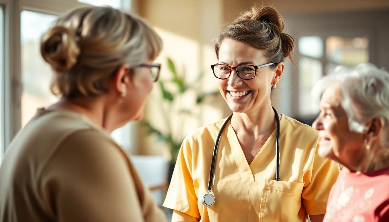 Engagierte pflegefachkraft hameln hilft einem Patienten in einem freundlichen Pflegeheim.