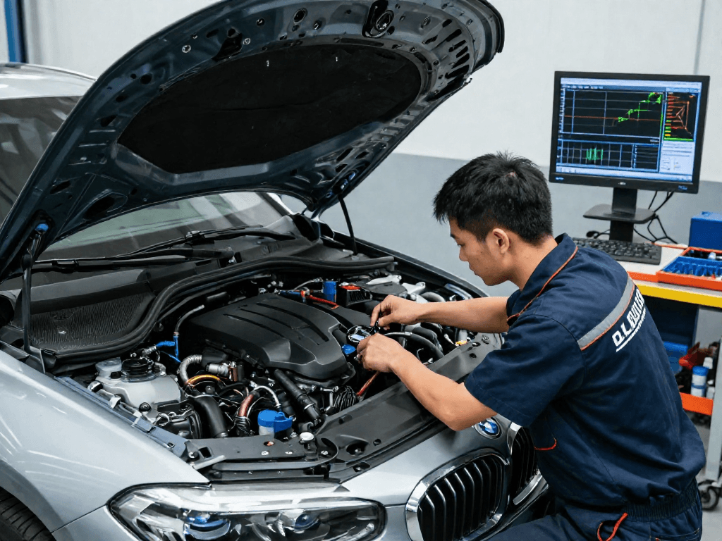 Chiptuning Hannover: Mechaniker installiert Chiptuning-Modul in BMW in moderner Werkstatt.