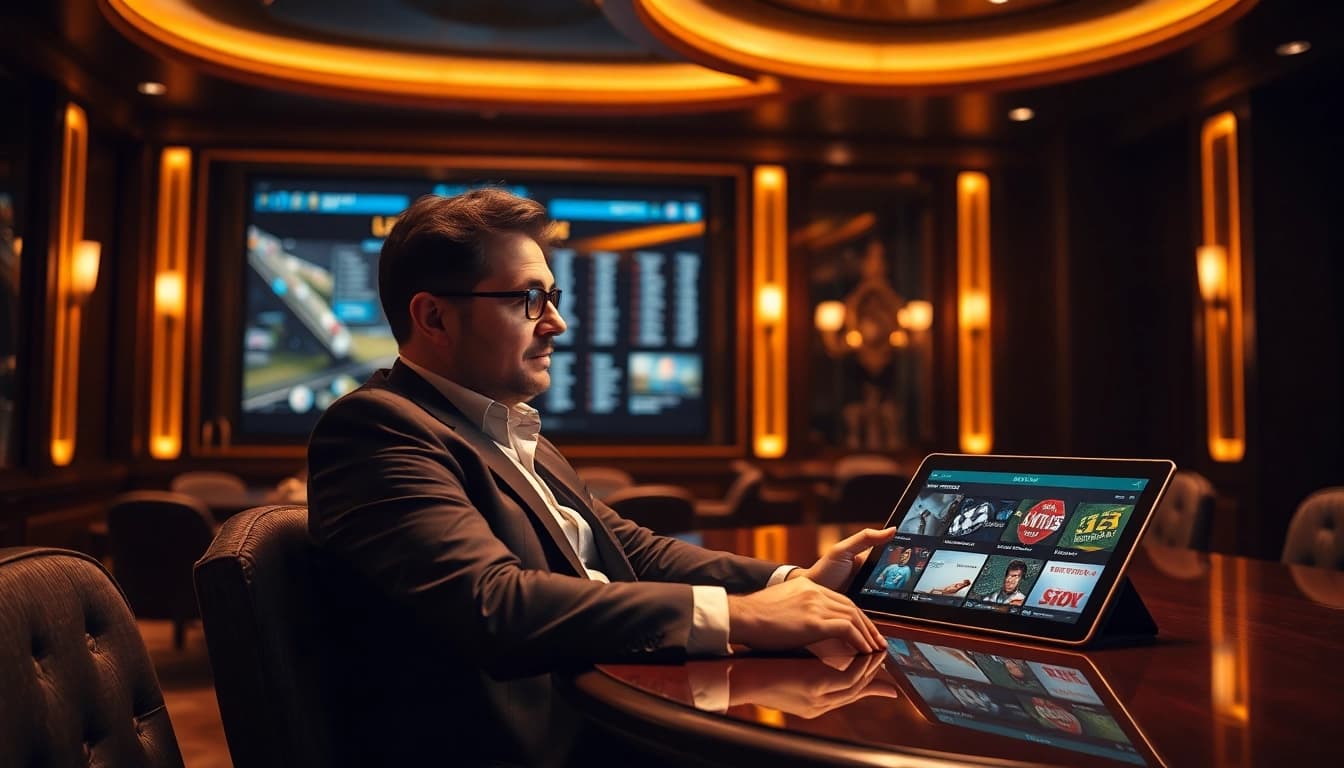 Hochspannung beim Wetten ohne Limit im eleganten Wettbüro mit einem Highroller am Tisch.