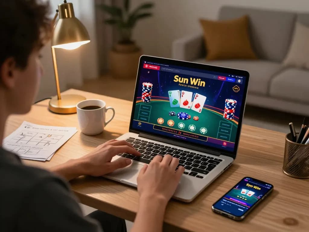 Player engaging with live Sun Win dealer game on laptop, surrounded by gaming strategy notes and a coffee mug.