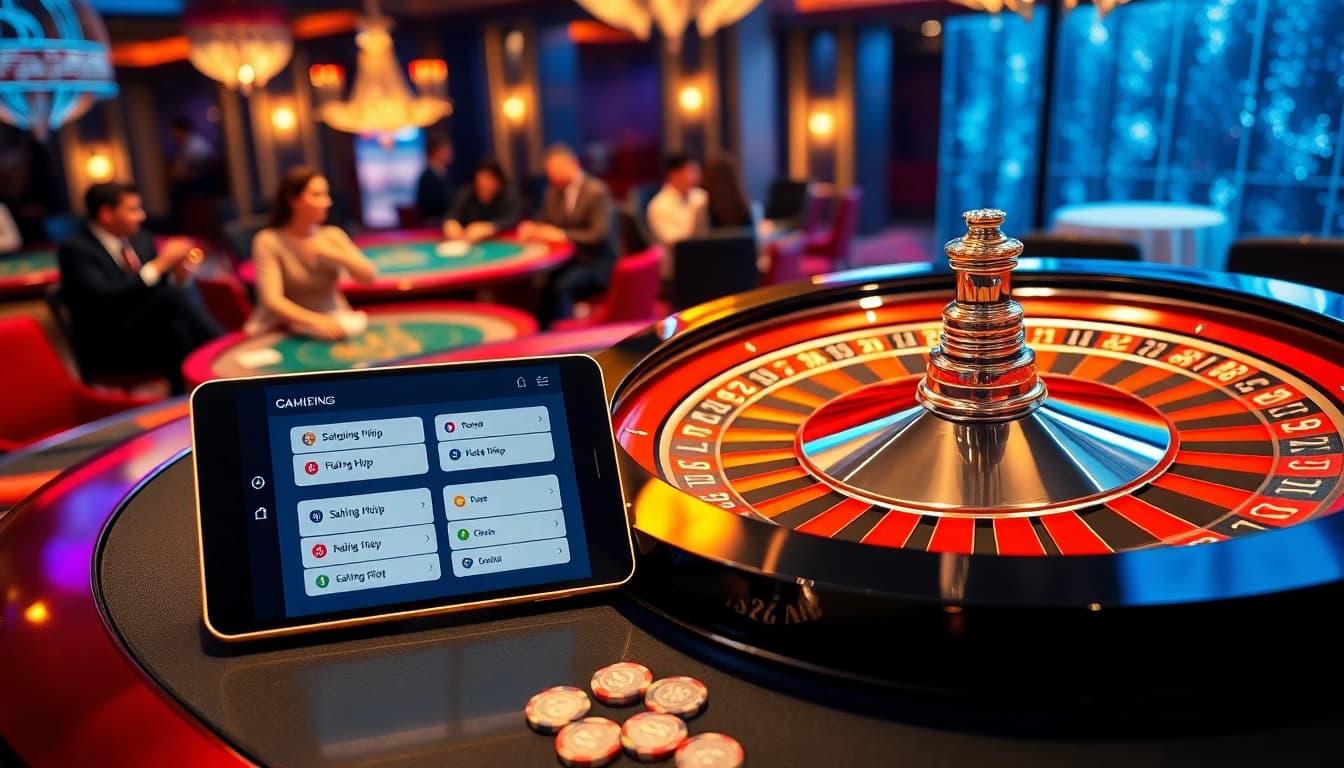 Exciting gambling scene featuring 88i đăng nhập interface on a sleek device among casino chips and roulette table.