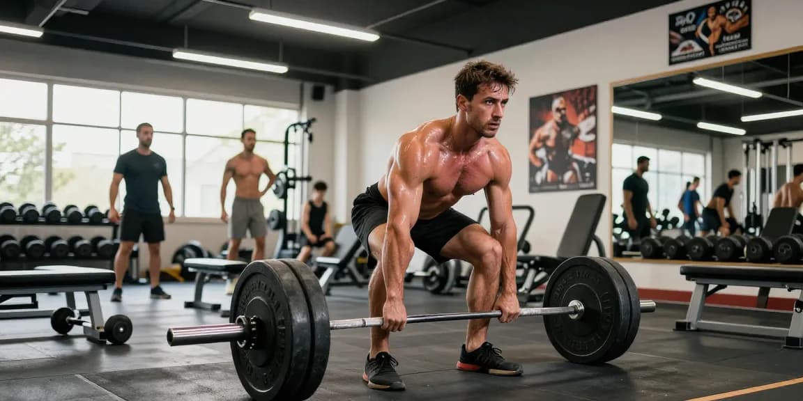 Muskulöser Mann hebt Gewichte in einem Fitnessstudio und demonstriert Krafttraining im Anabolika Shop Deutschland.