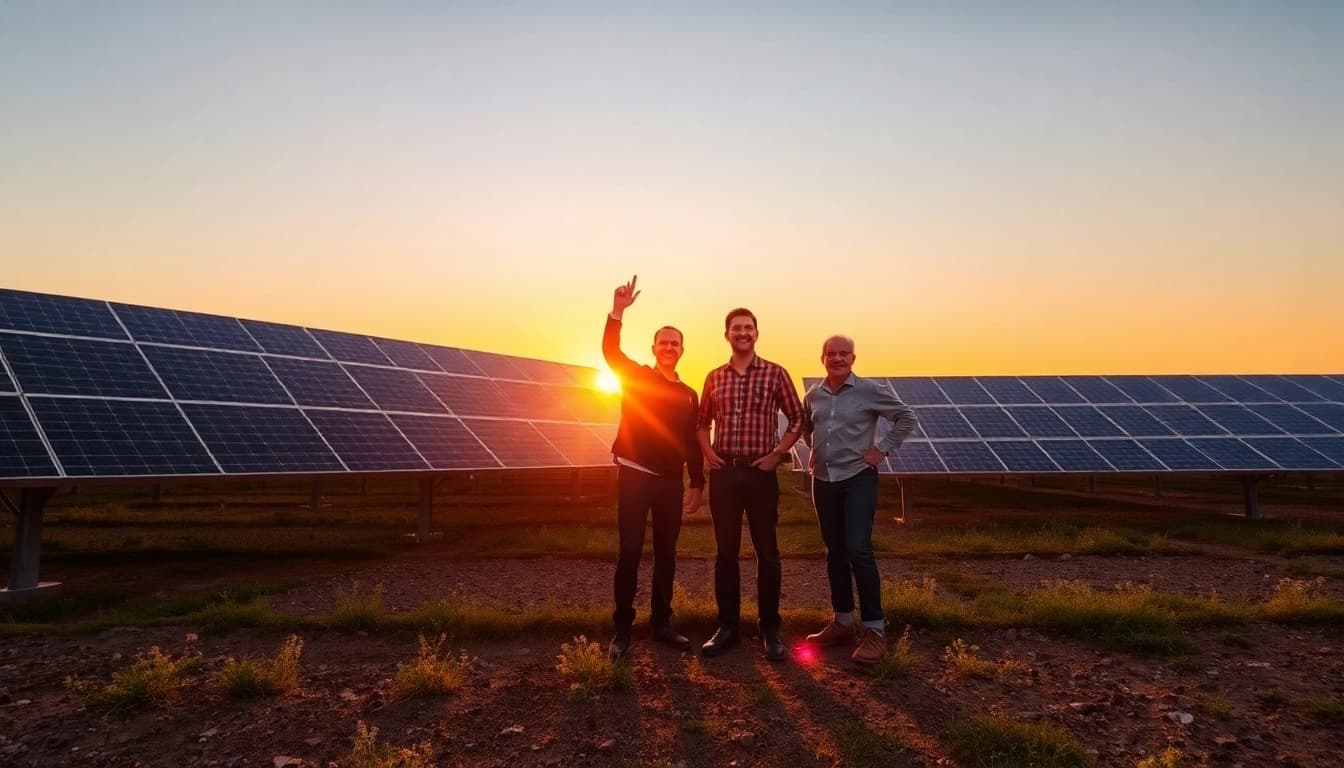 Visualisieren Sie ein erfolgreiches Photovoltaik Investment mit Menschen, die einen Solarpark feiern, umgeben von Sonnenlicht.