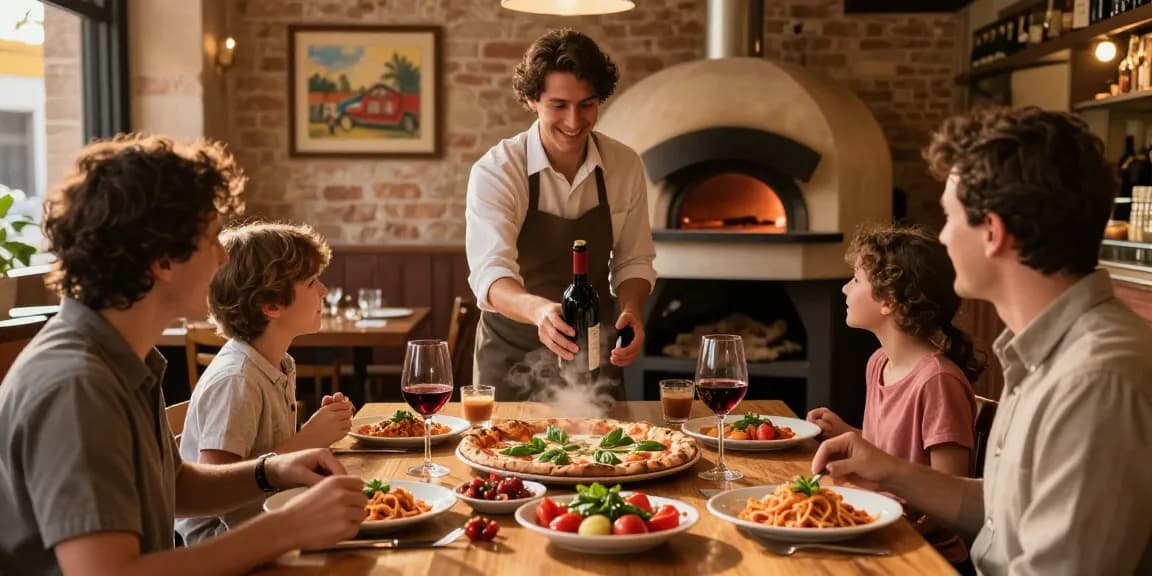 Family enjoying pg soft Italian dining experience with pizzas and antipasti in cozy pizzeria.