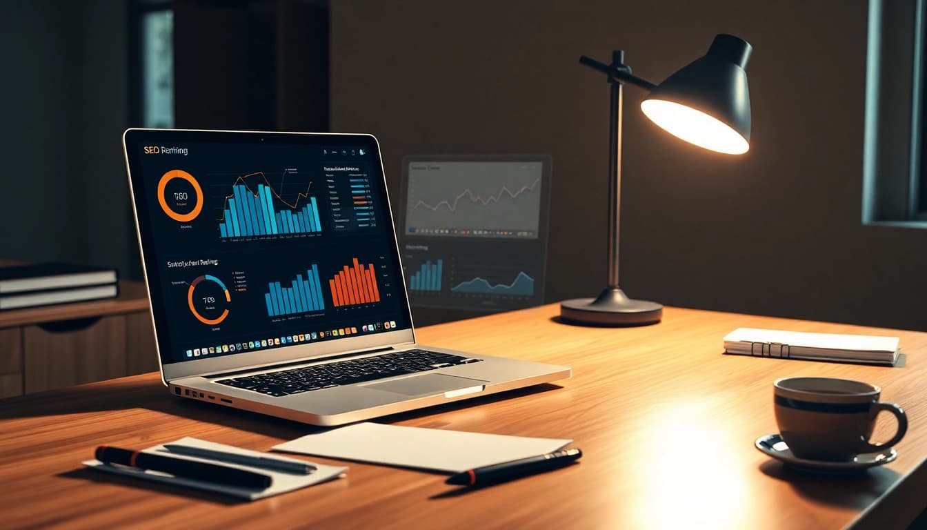 Ein professioneller Schreibtisch mit einem Laptop, der SEO-Ranking-Dashboards zeigt, um den Arbeitsprozess zur Verbesserung des Rankings visuell darzustellen.