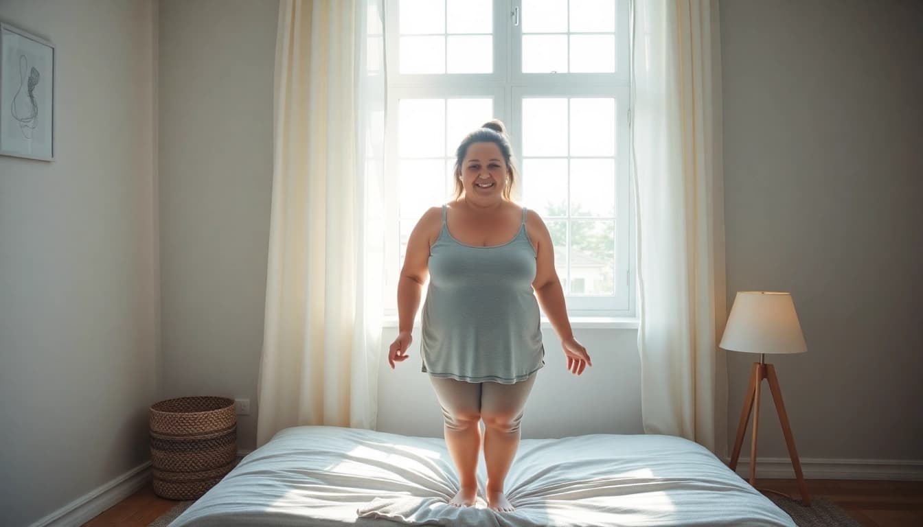 Person steht stolz auf einer Waage und symbolisiert den Gewichtsverlust, umgeben von einer warmen, einladenden Atmosphäre für Gesundheit.