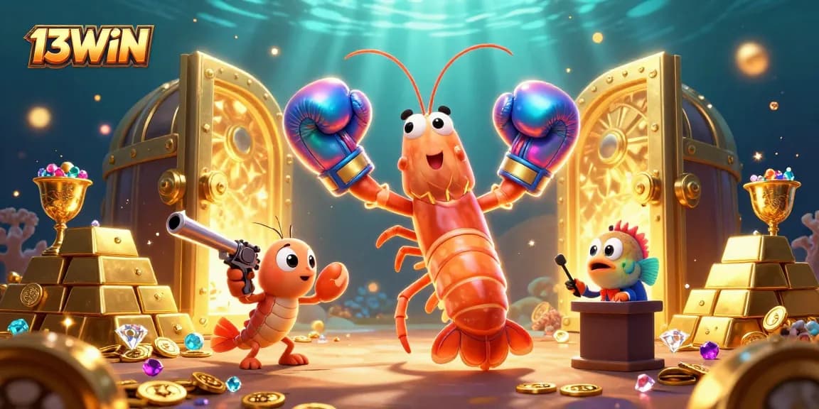 Engage in vibrant jackpot action with 13WIN featuring dynamic ocean characters surrounded by treasure in stunning detail.
