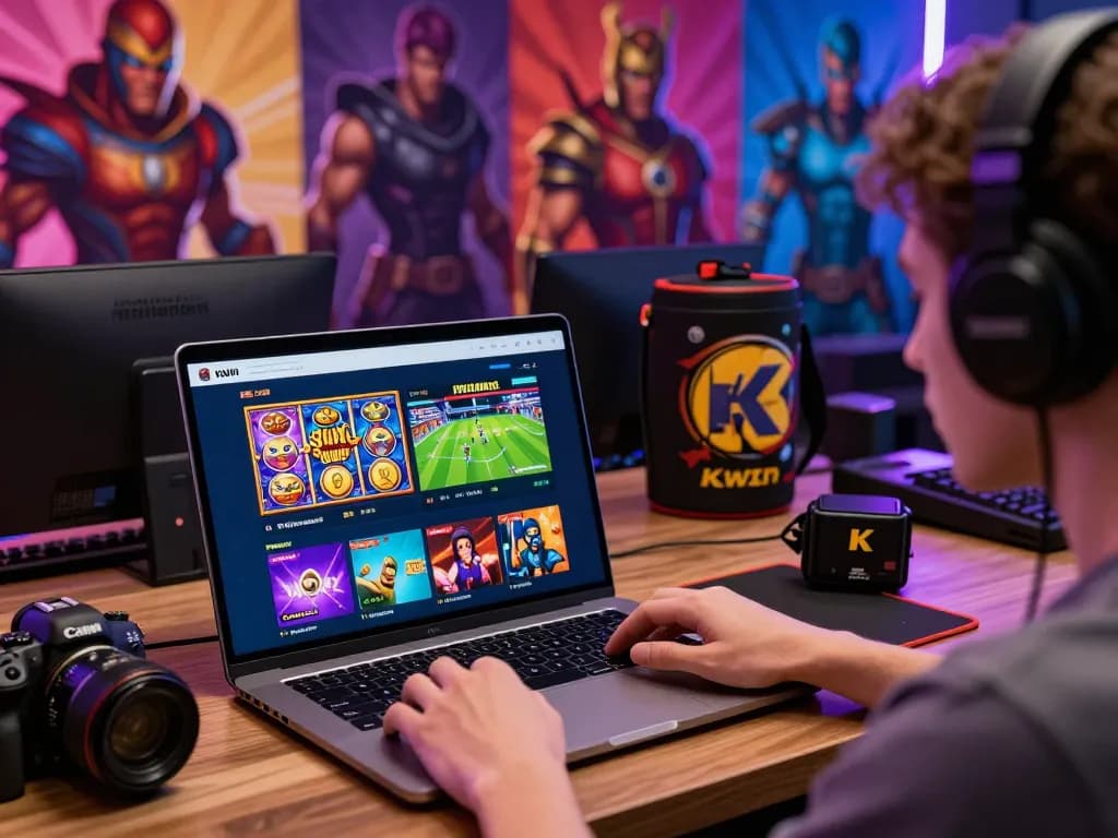 Kwin gaming experience with user playing on a laptop showcasing colorful slot games and betting options.