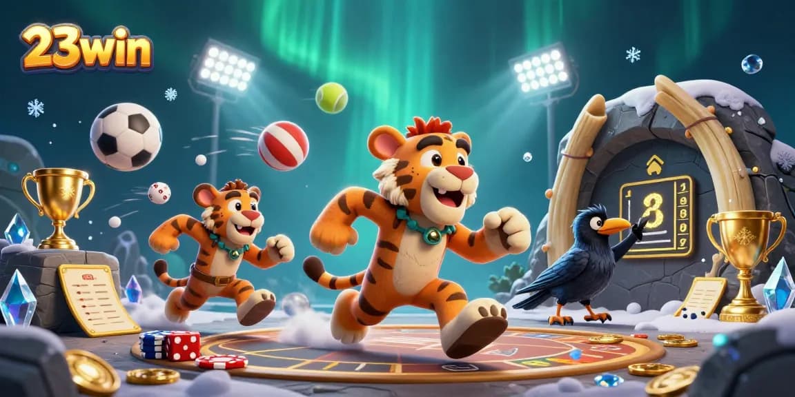 Engage with 23win's prehistoric casino scene featuring a lively caveman duo and dynamic sports elements.