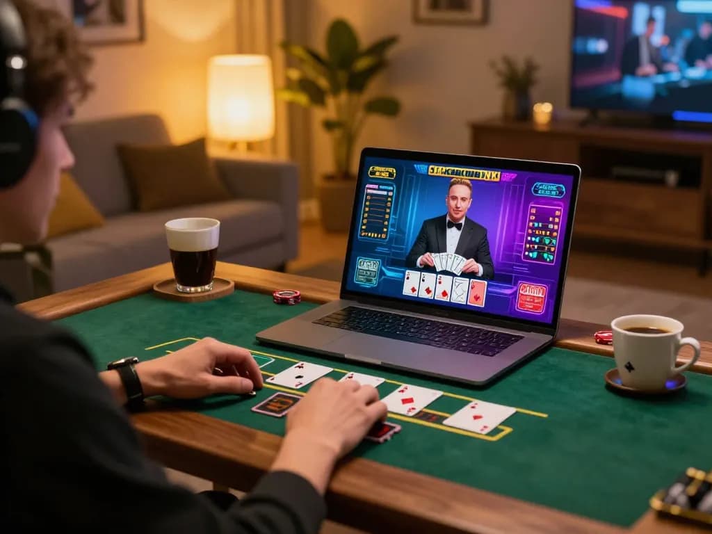 Engaged player enjoys blackjack gameplay on Vmax online casino platform, creating a thrilling atmosphere