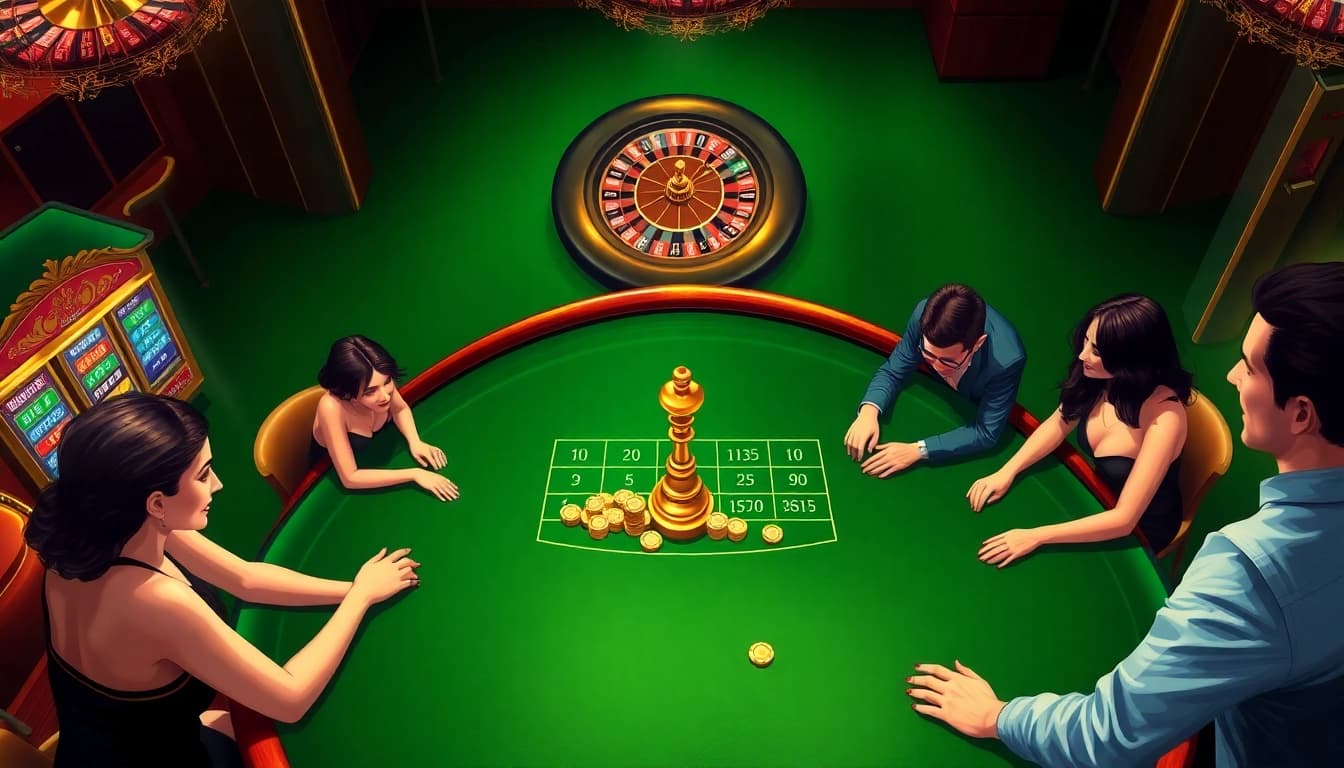 Players enjoying a thrilling game at the 8KBET casino table with vibrant poker chips and slot machines.