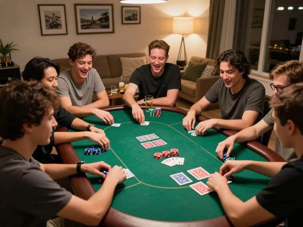Friends enjoying a lively poker game night at home featuring King88 cards and chips on the table