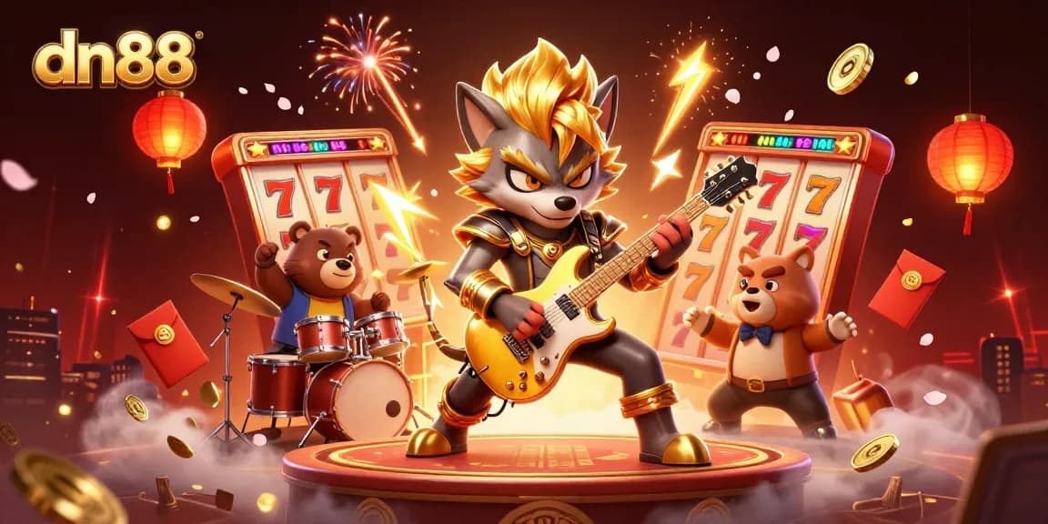 Experience the excitement of dn88 with a 3D rock star wolf and lively casino elements.