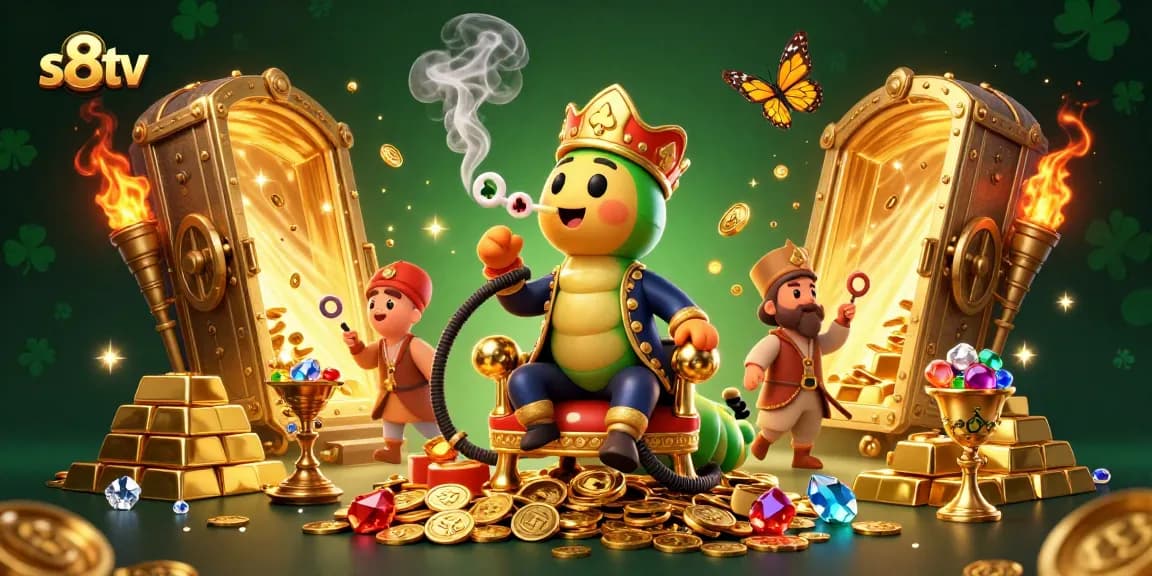 S8TV features a lively 3D scene showcasing a casino-themed caterpillar character in vibrant colors blowing poker symbols.