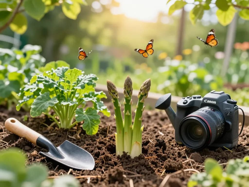 Gardener planting Gijnlim green asparagus seedlings for grüner spargel pflanzen kaufen in a vibrant garden environment.