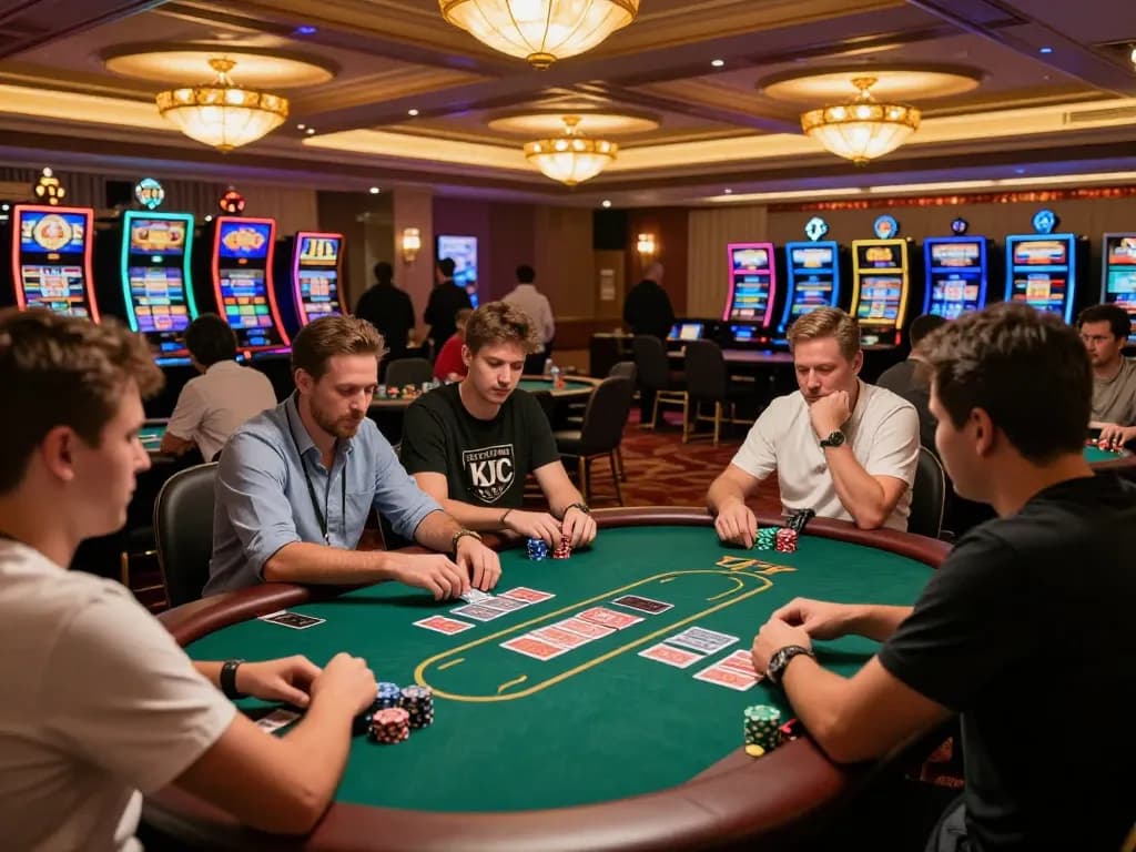 KJC poker table scene with players engaged in a game surrounded by vibrant casino atmosphere