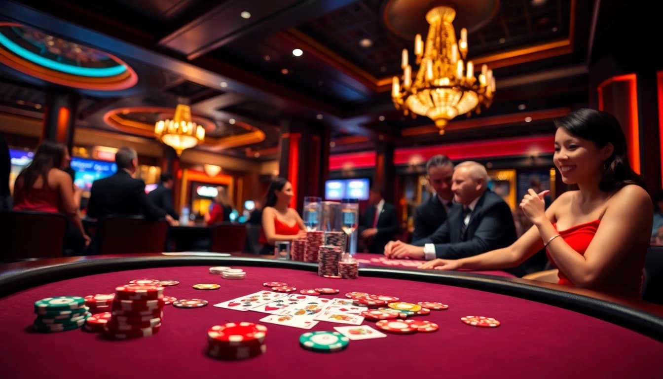 Golisimo Germany zeigt eine aufregende Pokerrunde in einem eleganten Casino mit Spielern und bunten Chips.
